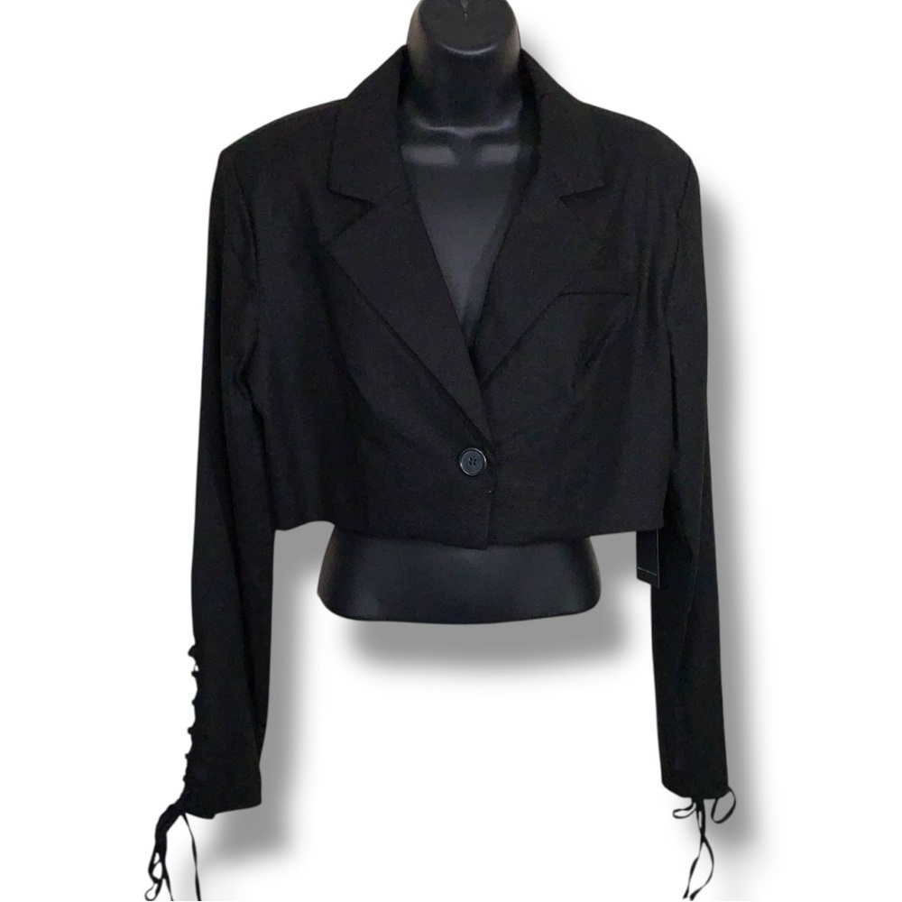 New Large Forever 21 Black Linen Blend Cropped Blazer Lace Up Sleeves